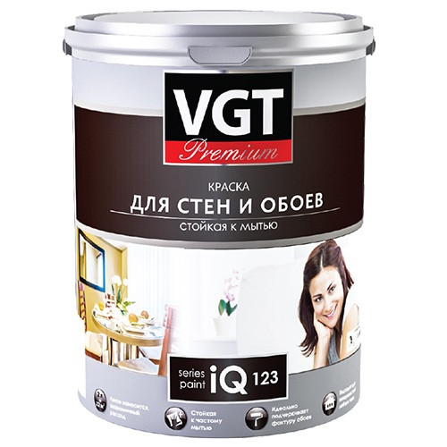 Краска моющаяся VGT Premium IQ123 для стен и обоев база А 9 л Краска моющаяся VGT Premium IQ123 для стен и обоев база А 9 л