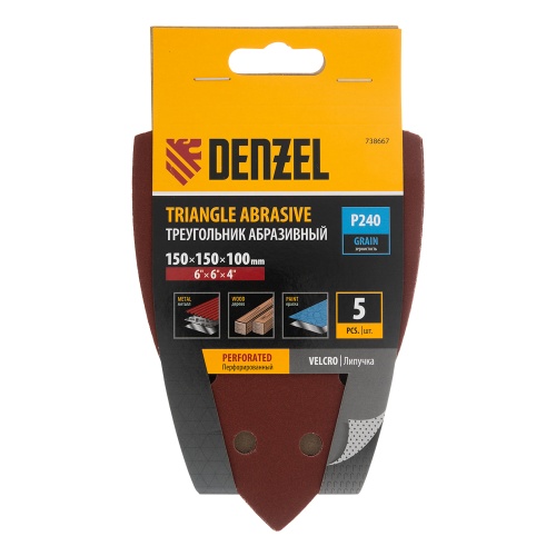 Треугольник абразивный на ворc. подложке под "липучку", перф., P 240, 150х150х100 мм, 5 шт. Denzel фото 4