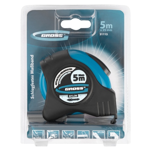 Рулетка "Schlagfest",5 м x 25 мм,магнитный обрезиненный зацеп,двусторонняя шкала,Нейлоновое покрытие,автоматическая фиксация Gross фото 6