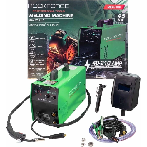 Сварочный аппарат Rockforce 4.5кВт, 230В, диаметр электрода - 1.6-4мм, диаметр проволоки - 0.6-1мм, сварочный ток - 40-210А RF-MIG-210P(58936)