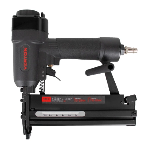 Пневматический степлер VERTON 3 в1 Air SBN31 (рабочее давление 4-7бар, диаметр штуцера 1/4, расход воздуха 33, л/мин, длина гвоздей 10-50мм, длина скоб 16-40 мм, вместим 01.21427.21432 Пневматический степлер VERTON 3 в1 Air SBN31 (рабочее давление 4-7бар, диаметр штуцера 1/4, расход воздуха 33, л/мин, длина гвоздей 10-50мм, длина скоб 16-40 мм, вместим 01.21427.21432
