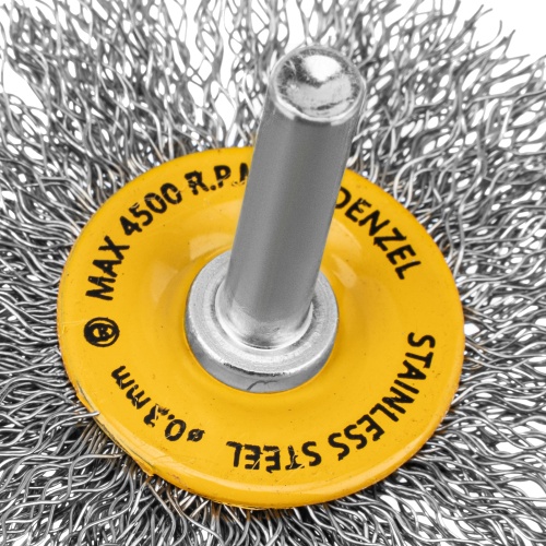 Щетка для дрели, 60 мм, Плоская, со шпилькой, нержавеющая витая проволока Denzel фото 3 Щетка для дрели, 60 мм, Плоская, со шпилькой, нержавеющая витая проволока Denzel фото 3