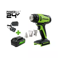 Строительный фен GreenWorks G24HG, 24V, 550С, 200 л/мин, 1x4Ач, ЗУ, коробка 3400207VUB