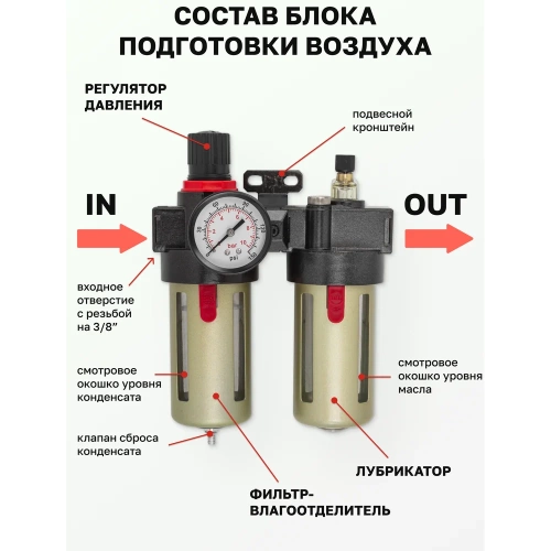 Блок подготовки воздуха 3/8" фильтр-регулятор+лубрикатор (10 Мк, 1400 л/мин, 0-10 bar, рабочая температура 5-60°) Forsage F-BFC3000(54468) фото 4 Блок подготовки воздуха 3/8" фильтр-регулятор+лубрикатор (10 Мк, 1400 л/мин, 0-10 bar, рабочая температура 5-60°) Forsage F-BFC3000(54468) фото 4