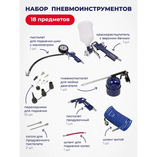 Набор пневмоинструмента Forsage 18 предметов, краскопульт-сопло 1.5 мм, обдувочник-сопла 110,140 мм, подкачка+10 адаптеров, 1 шланг для подкачки, промывка, шланг 5м F-8031K18-G /E-70/(52048) фото 3 Набор пневмоинструмента Forsage 18 предметов, краскопульт-сопло 1.5 мм, обдувочник-сопла 110,140 мм, подкачка+10 адаптеров, 1 шланг для подкачки, промывка, шланг 5м F-8031K18-G /E-70/(52048) фото 3