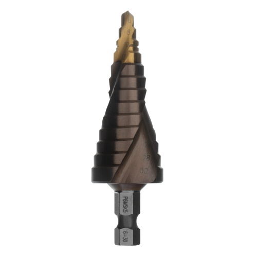 Сверло ступенчатое, 6-8-10-12-14-16-18-20-22-24-26-28-30мм, Р6М5К5, 6-гр. хвостовик Denzel фото 2