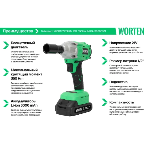 Аккумуляторный бесщеточный гайковерт, WORTEN 21В, 2х3.0 Ач, 350Hm КА-90000331 фото 8