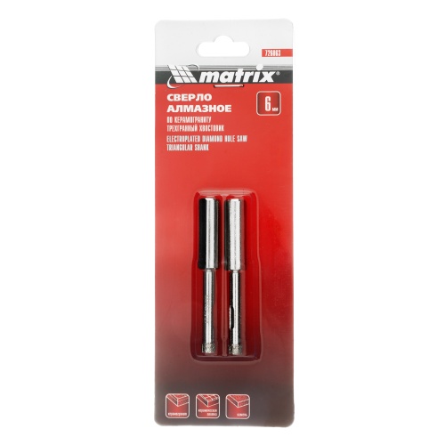 Сверло алмазное по керамограниту, 6 х 67 мм, трехгранный хвостовик, 2 шт Matrix фото 5