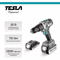 Аккумуляторная дрель Tesla TCD18HD 18В 2x4/2Ач LiION 13мм 0-400/0-1500об/мин 70Нм 1ч кейс 840374