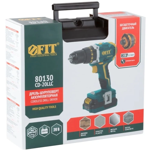 Аккумуляторная дрель-шуруповерт FIT 20,0 В, 0-400/1400 об/мин, 50,0 Нм, 2 Li-Ion 2,0 Ач, 1,5 ч, бесщеточный, резкий наклон, кейс 80130 фото 9