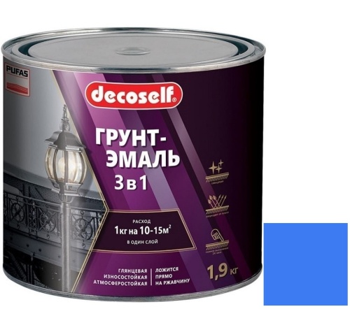 Грунт-эмаль Pufas Decoself 3 в 1 глянцевая голубая 1,9 кг