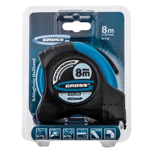Рулетка "Schlagfest",8 м x 25 мм,магнитный обрезиненный зацеп,двусторонняя шкала,Нейлоновое покрытие,автоматическая фиксация Gross фото 4