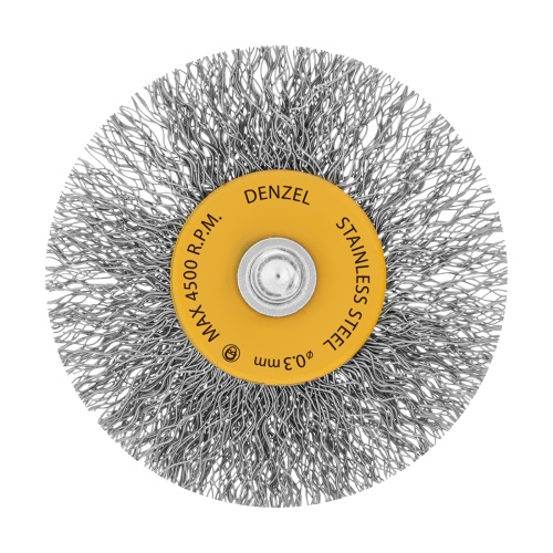Щетка для дрели, 60 мм, Плоская, со шпилькой, нержавеющая витая проволока Denzel Щетка для дрели, 60 мм, Плоская, со шпилькой, нержавеющая витая проволока Denzel