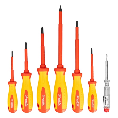 Набор диэлектрических отверток 7 шт, до 1000 В, пробник электрический до 250 В, двухкомпонентные рукоятки Matrix Professional Набор диэлектрических отверток 7 шт, до 1000 В, пробник электрический до 250 В, двухкомпонентные рукоятки Matrix Professional