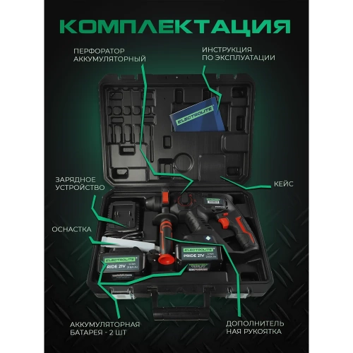 Аккумуляторный бесщеточный перфоратор Electrolite BHD 26 21V 2 АКБ, 4 Ач, 2.6 Дж, кейс, оснастка 6148 фото 9