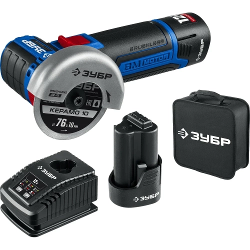 Бесщеточная угловая шлифмашина ЗУБР Профессионал 12 В, 2 АКБ, в сумке AB-76-22 Бесщеточная угловая шлифмашина ЗУБР Профессионал 12 В, 2 АКБ, в сумке AB-76-22