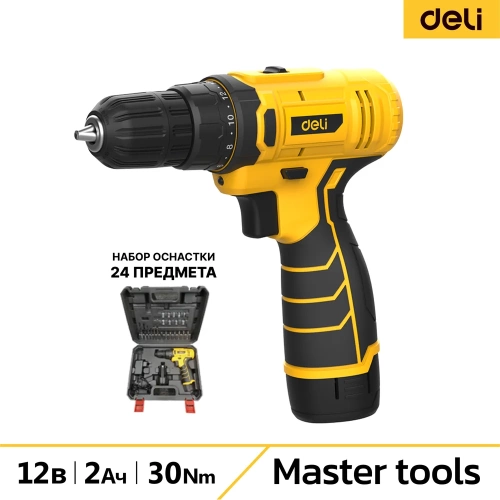 Дрель-шуруповерт аккумуляторная DELI DL-DZ12-6A2 1 акб, 12В х 2Ач, ЗУ, 30Нм, набор оснастки 24 предмета, кейс 164631 Дрель-шуруповерт аккумуляторная DELI DL-DZ12-6A2 1 акб, 12В х 2Ач, ЗУ, 30Нм, набор оснастки 24 предмета, кейс 164631
