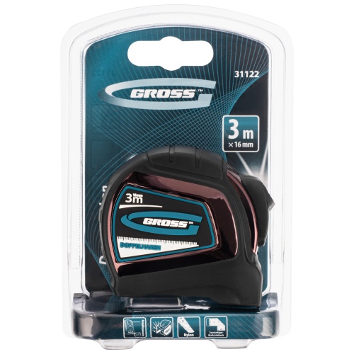 Рулетка "Doppelhaken",3 м x 16 мм,односторонний зацеп,Нейлон,двусторонняя шкала,автоматическая фиксация Gross фото 6