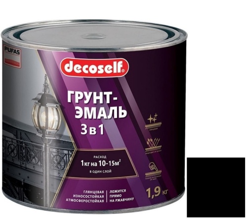 Грунт-эмаль Pufas Decoself 3 в 1 матовая черная 1,9 кг