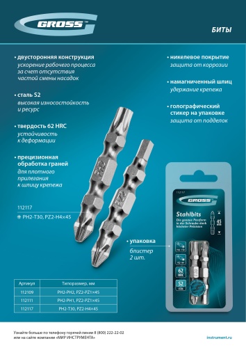 Набор бит двухстор., PH2-T30х45мм, PZ2-H4х45мм, сталь S2, 2 шт. Gross фото 16