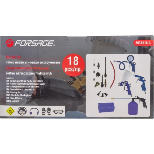 Набор пневмоинструмента Forsage 18 предметов, краскопульт-сопло 1.5 мм, обдувочник-сопла 110,140 мм, подкачка+10 адаптеров, 1 шланг для подкачки, промывка, шланг 5м F-8031K18-G /E-70/(52048) фото 11 Набор пневмоинструмента Forsage 18 предметов, краскопульт-сопло 1.5 мм, обдувочник-сопла 110,140 мм, подкачка+10 адаптеров, 1 шланг для подкачки, промывка, шланг 5м F-8031K18-G /E-70/(52048) фото 11