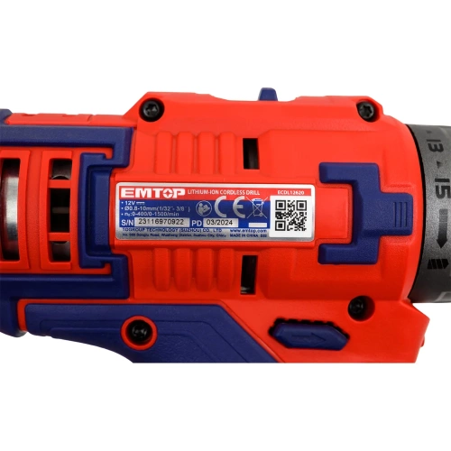 Аккумуляторная дрель-шуруповерт emtop 12 В, 0-400/0-1500 об/мин, 45 Нм, пластиковый патрон ECDL12620 фото 8 Аккумуляторная дрель-шуруповерт emtop 12 В, 0-400/0-1500 об/мин, 45 Нм, пластиковый патрон ECDL12620 фото 8