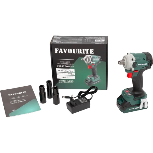 Гайковёрт аккумуляторный FAVOURITE Li-ion, 21 В, 2 Ач, 3100 уд/мин, 600 Нм, квадрат ½", бесщеточный двигатель. АКБ и ЗУ в комплекте OBS OBS 21 TW600.1 фото 3