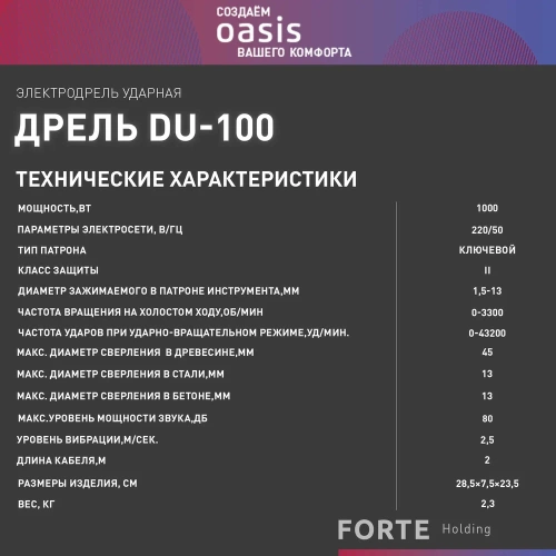 Электрическая ударная дрель OASIS DU-100 фото 9