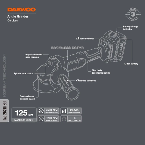 Углошлифовальная машина аккумуляторная DAEWOO DAG 2521Li SET фото 4 Углошлифовальная машина аккумуляторная DAEWOO DAG 2521Li SET фото 4