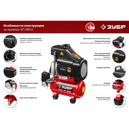 Безмасляный воздушный компрессор ЗУБР 200 л/мин, 1500 Вт КП-200-6 фото 7
