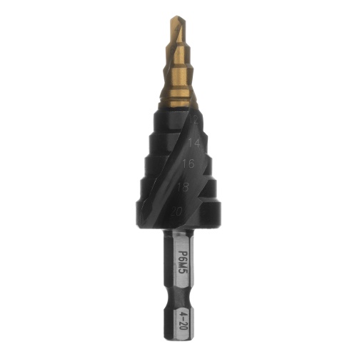 Сверло ступенчатое 4-6-8-10-12-14-16-18-20 мм, Р6М5, 6-гр. хвостовик Denzel фото 2