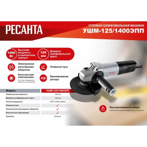 Углошлифовальная машина Ресанта УШМ-125/1400 ЭПП 75/12/14 фото 4 Углошлифовальная машина Ресанта УШМ-125/1400 ЭПП 75/12/14 фото 4