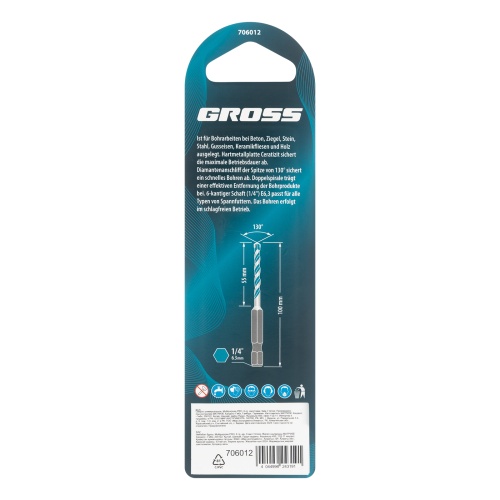 Сверло универсальное, Multipurpose PRO, 6-гр. хвостовик, 6мм Gross фото 5 Сверло универсальное, Multipurpose PRO, 6-гр. хвостовик, 6мм Gross фото 5