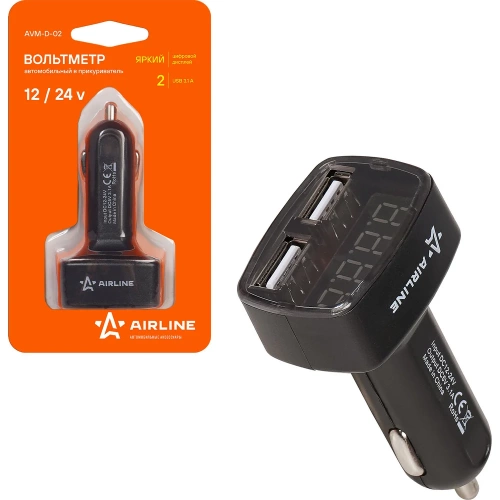 Вольтметр Airline + 2USB 3.1A в прикуриватель AVM-D-02