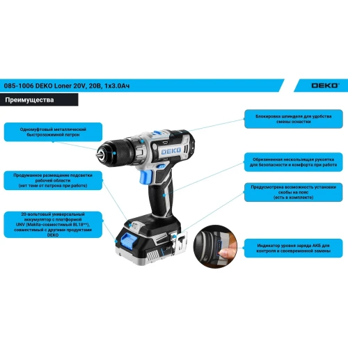 Аккумуляторная дрель-шуруповерт DEKO Loner 20V, 20В, 1x3.0Ач 085-1006 фото 4