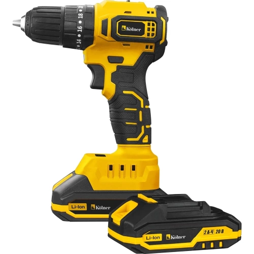 Ударная аккумуляторная дрель-шуруповерт Kolner 20В, BL, 45Нм, KCD 20/2BLC, патрон БЗП 10 мм, 0-450/0-1700 об/мин (2x2.0 Ач, зу, набор инстр, кейс) 8020100543