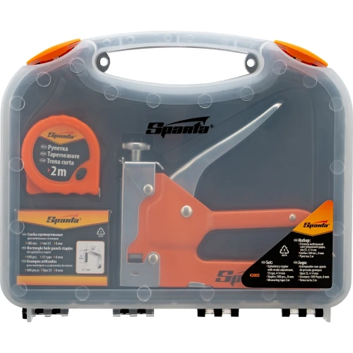 Набор SPARTA степлер мебельный регулируемый, скобы 500 шт, рулетка 2 м, тип скобы 53, 6-14 мм 42003 фото 11 Набор SPARTA степлер мебельный регулируемый, скобы 500 шт, рулетка 2 м, тип скобы 53, 6-14 мм 42003 фото 11