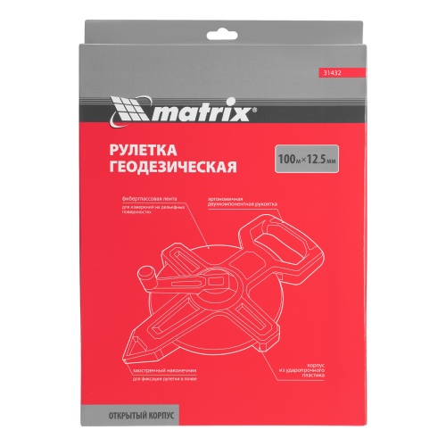 Рулетка геодезическая 100 м х 12,5 мм, открытый корпус, фиберглассовая лента Matrix фото 11