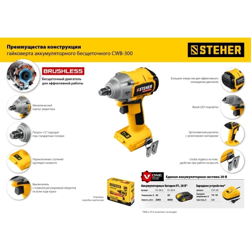 Бесщеточный гайковерт STEHER 20В, без АКБ CWB-300 фото 6 Бесщеточный гайковерт STEHER 20В, без АКБ CWB-300 фото 6