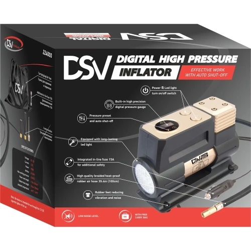 Усиленный компрессор DSV Smart с LED фонарем, 45 л/мин, 12 В, с цифр. манометром, сумка 224000 фото 8