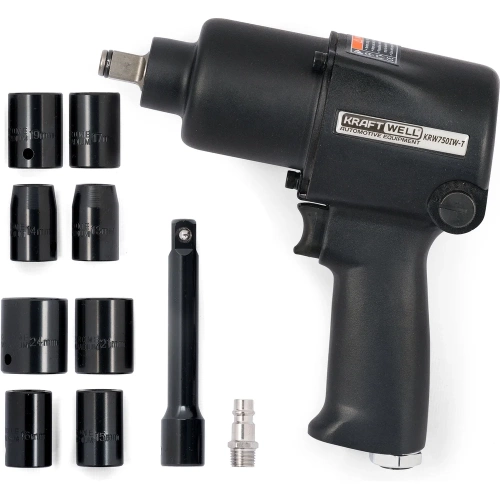 Пневматический ударный гайковерт KraftWell 1/2 с комплектом ударных головок, 780 Нм KRW750IW-T Пневматический ударный гайковерт KraftWell 1/2 с комплектом ударных головок, 780 Нм KRW750IW-T