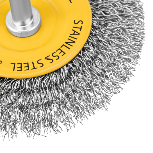 Щетка для дрели, 75 мм, Плоская, со шпилькой, нержавеющая витая проволока Denzel фото 3 Щетка для дрели, 75 мм, Плоская, со шпилькой, нержавеющая витая проволока Denzel фото 3