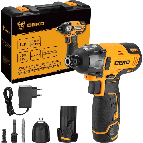 Аккумуляторный ударный винтоверт DEKO DKIS12-Li, с быстрозажимным патроном, 12В, 2*1.5Ач, в кейсе 063-4390 Аккумуляторный ударный винтоверт DEKO DKIS12-Li, с быстрозажимным патроном, 12В, 2*1.5Ач, в кейсе 063-4390