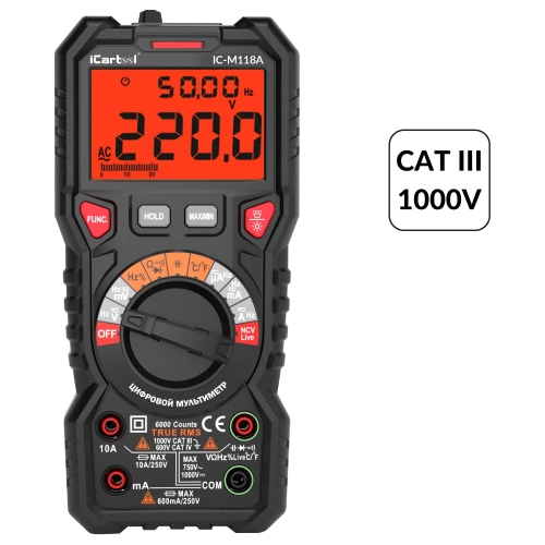 Цифровой мультиметр iCartool CATIII 1000V, СATIV 600V, TrueRMS, AC/DC  IC-M118A