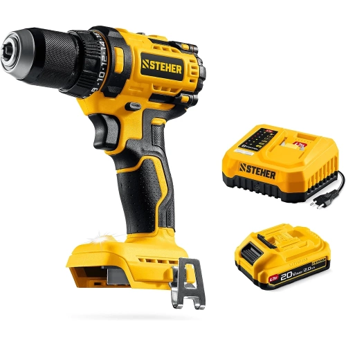 Бесщеточная дрель-шуруповерт STEHER 20 В, 65 Н·м, 1 АКБ LMS (2 А·ч), CB-65-21 Бесщеточная дрель-шуруповерт STEHER 20 В, 65 Н·м, 1 АКБ LMS (2 А·ч), CB-65-21