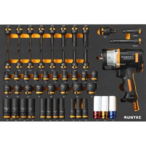 Набор с пневмогайковертом RUNTEC ударными головками и аксессуарами 1/2, 8-32 мм, CrMo в ложементе EVA, 53 предмета RT-ISPE53F