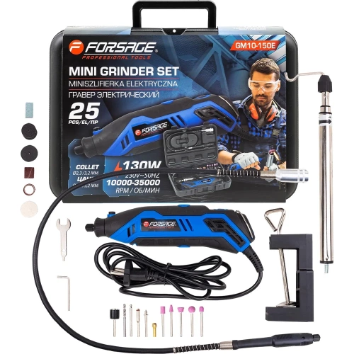 Гравер электрический ручной с набором аксессуаров Forsage (130W, 220V, 10000-32000об/мин, цанга 2.3, 3.2мм) в кейсе F-GM10-150E(28422)