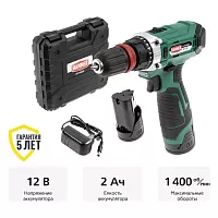 Аккумуляторная дрель Hammer 12 В, 2x2 Ач, Li-ION, 10 мм, 0-350/0-1400 об/мин, 28 Нм ACD122QC