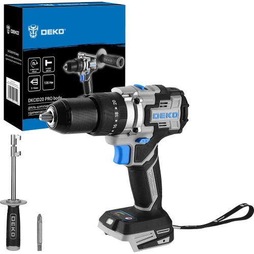 Дрель-шуруповерт аккумуляторная ударная бесщеточная DEKO DKCID20 PRO, 20В, без АКБ и з/у 063-4457 Дрель-шуруповерт аккумуляторная ударная бесщеточная DEKO DKCID20 PRO, 20В, без АКБ и з/у 063-4457