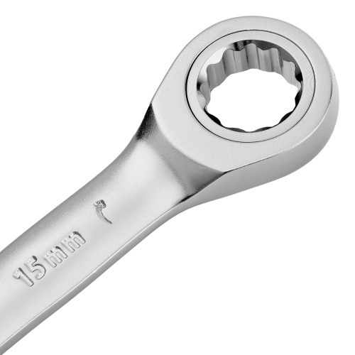 Ключ комбинированный трещоточный, 15 мм, CrV, матовый хром Denzel фото 4